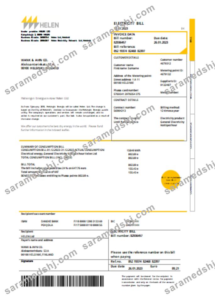 Helen Proof of address utility business bill,  SCR